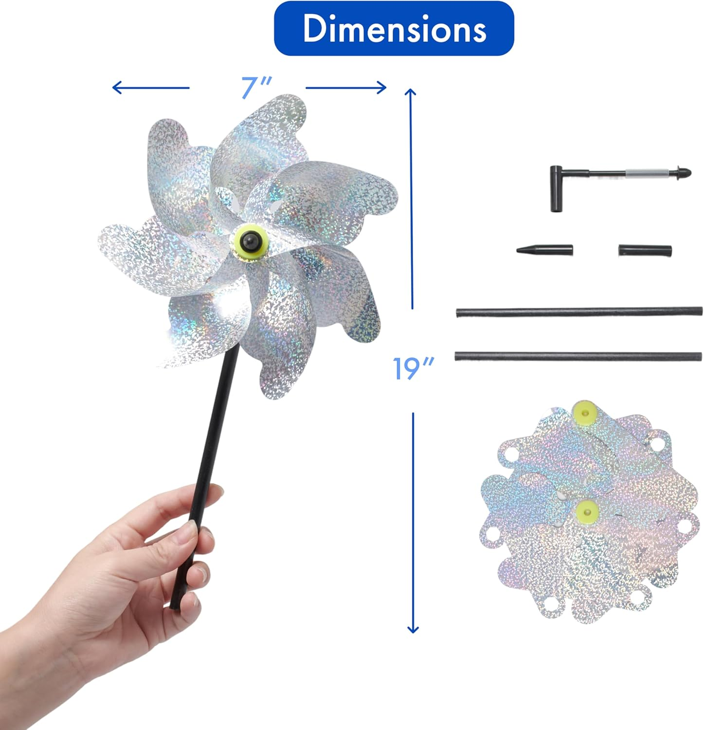 Bird Blinder Repellent Pinwheels - Sparkly Holographic Pin Wheel Spinners Scare off Birds and Pests (Set of 8) image number 4