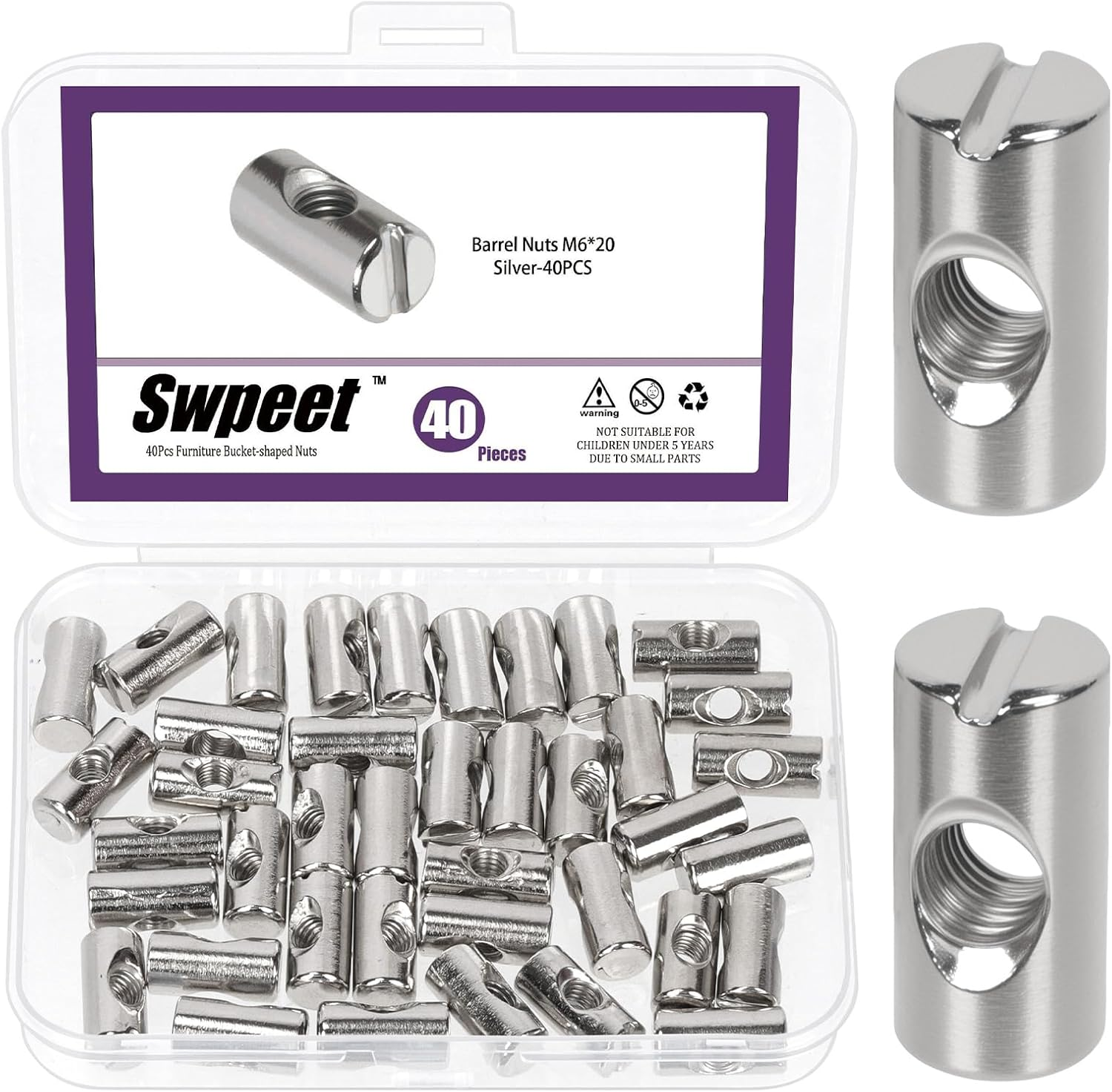 Swpeet 40Pcs Metric M6&times;20Mm Nickel Plated Barrel Nuts Kit,Cross Dowels Slotted Nut, Furniture Nuts Embedded Nut for Beds Crib Chairs Hardware Replacement image number 7
