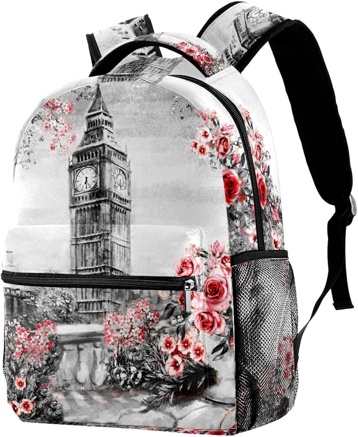 Summer in London Big Ben Flower Rose and Leaf Backpack Students Shoulder Bags Travel Bag College School Tote Backpacks image number 1