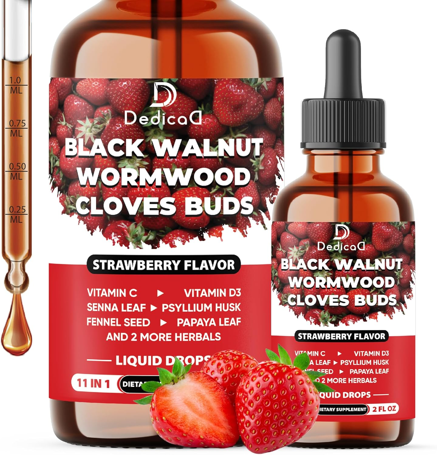 DEDICAD 11In1 Black Walnut Wormwood Cloves Liquid Drops with Vitamin C, Vitamin D3 and 6 More - 2 Oz Fl - 60 Days - Strawberry Flavor