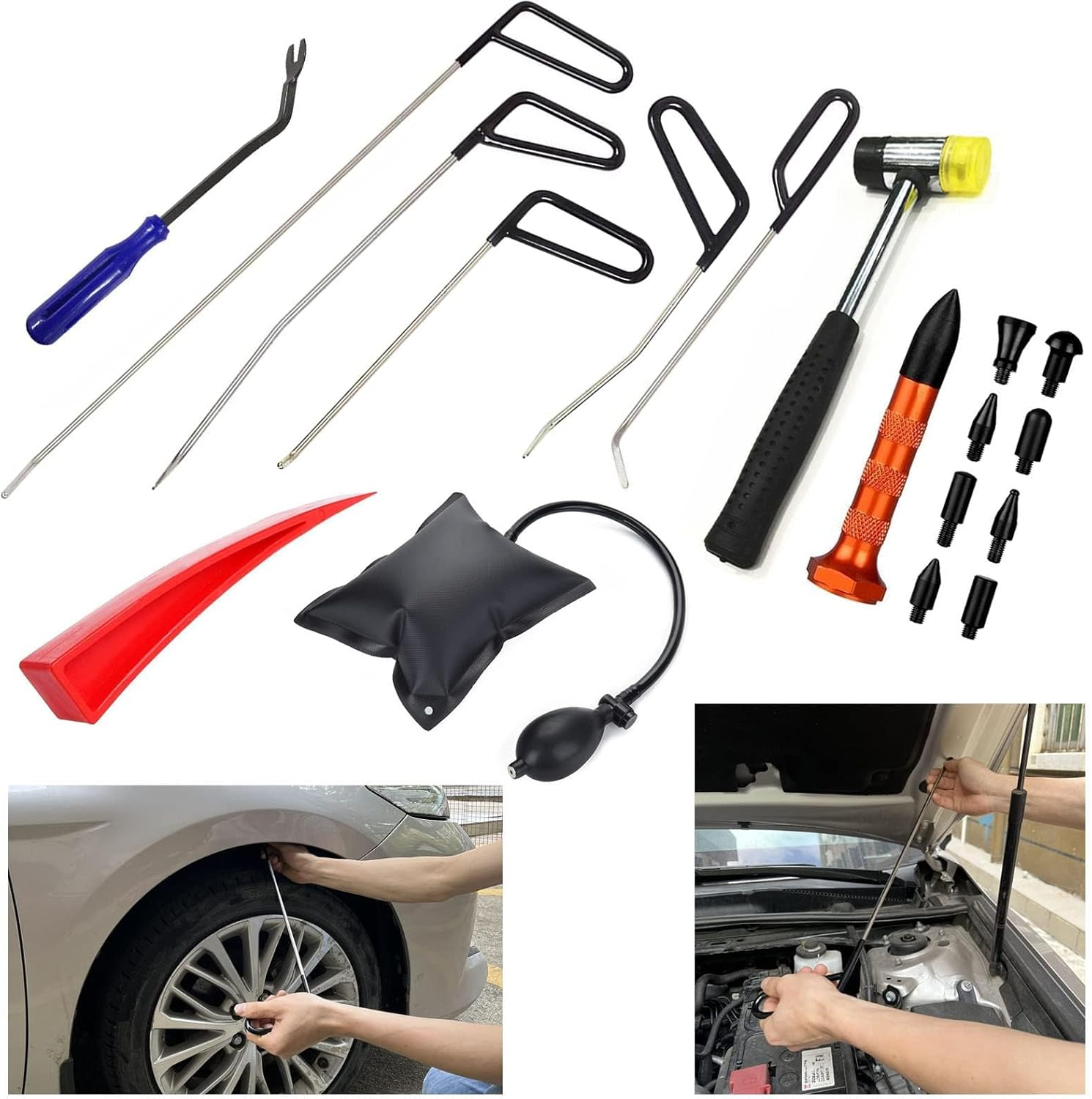 23-Piece Professional PDR Kit for Paintless Dent Repair, Auto Body Hail Damage & Door Dings Removal Tool Set with Manganese Steel Rods & Knock down Pen
