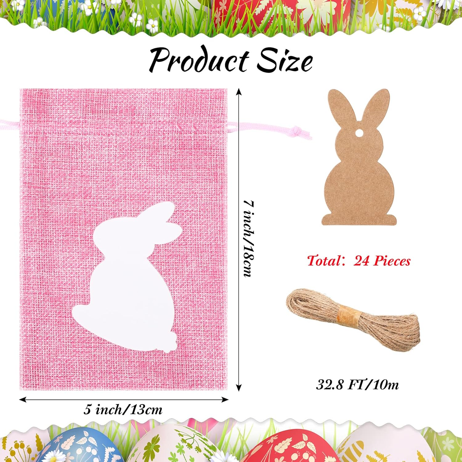24 Pcs Easter Burlap Drawstring Bags Easter Burlap Bags with Drawstrings Bunny Linen Goody Gift Bags with Double Jute Drawstrings Easter Bags Burlap Easter Bunny Bags for Easter Party (Bright Style) - Cute Style image number 6