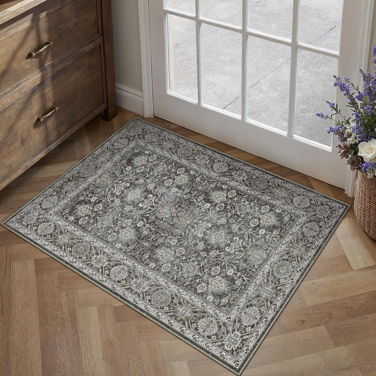 Purecozy Vintage Rugs for Living Room 160X230Cm Brown Office Washable Carpet Non Slip Bedroom Indoor Area Rug Low Pile Home Decor Retro Accent Rug for Dining Room Bathroom Kitchen