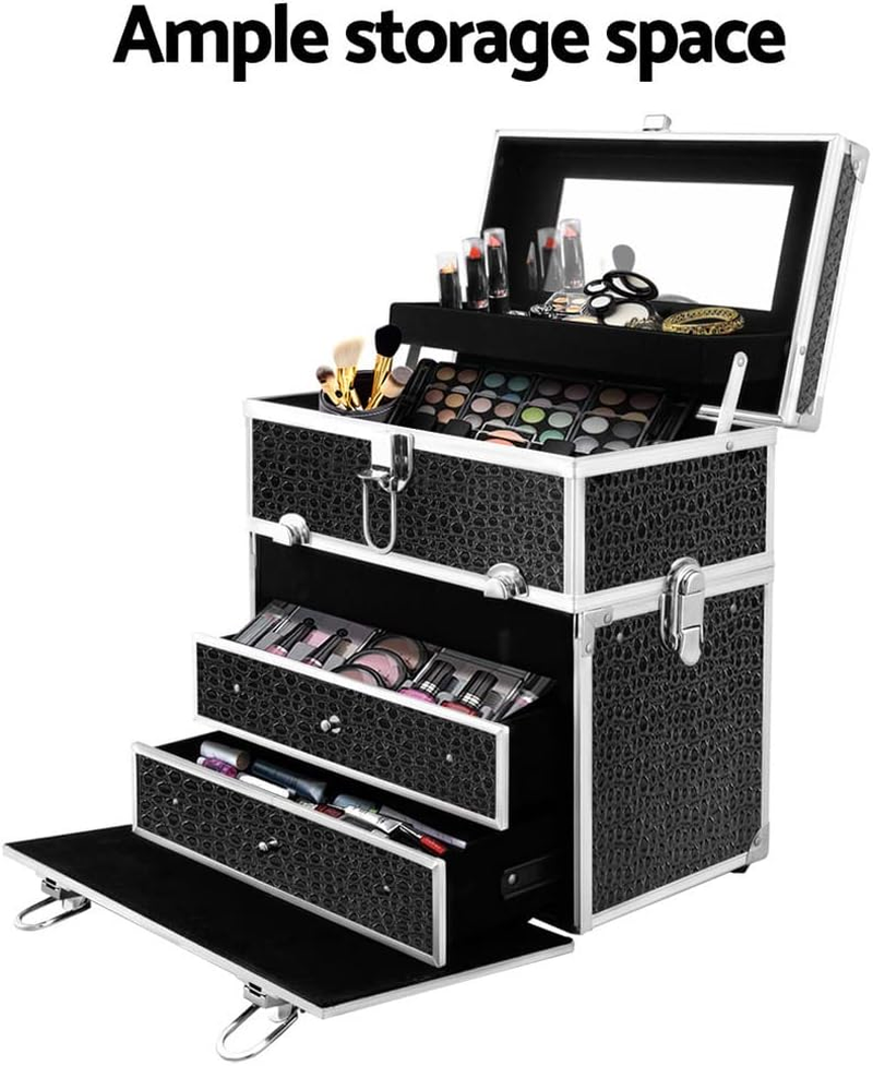 Portable Cosmetic Beauty Makeup Carry Case with Mirror Crocodile Black Travel Bag image number 1