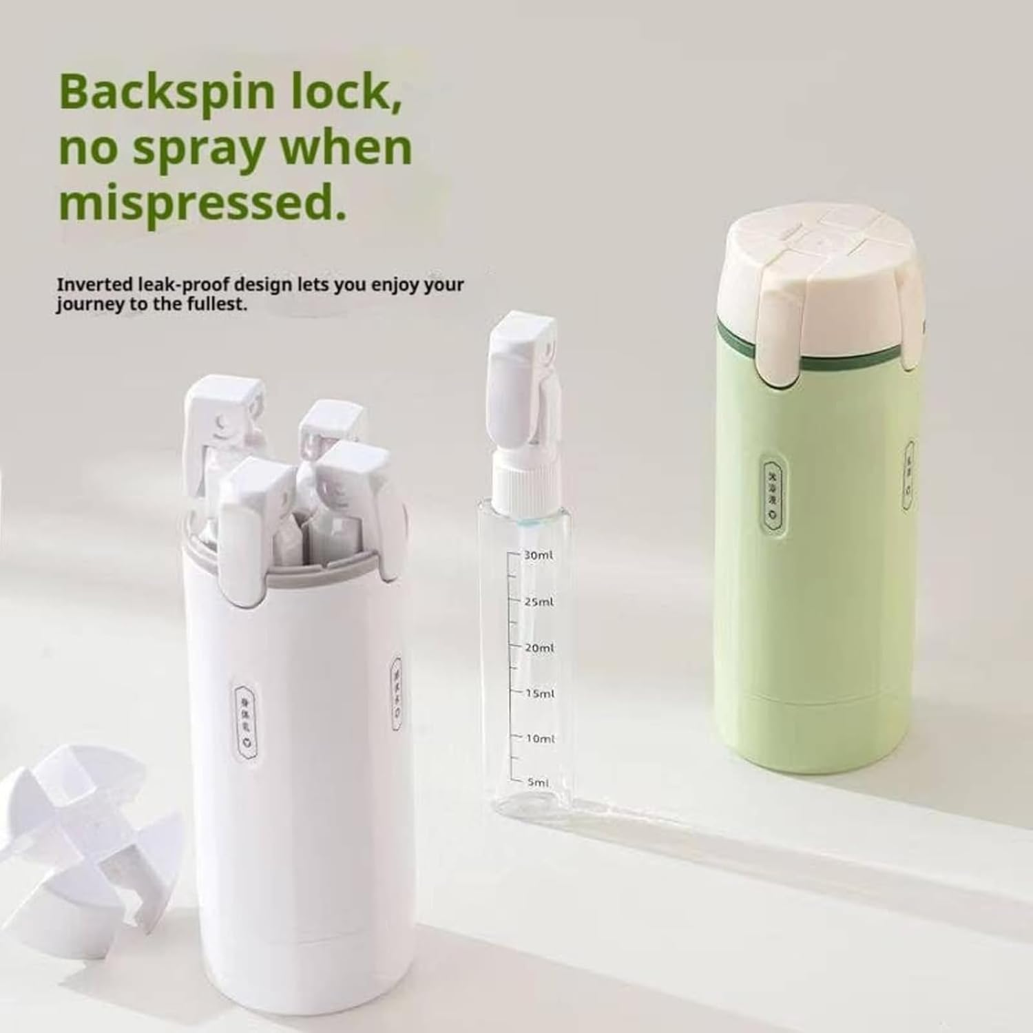 4 in 1 Travel Dispenser Bottle, Portable Containers for Shampoo Lotion Conditioner Cream, Transparent with Scale and Label for Business Trips Gym Camping (White) - White+Green image number 7