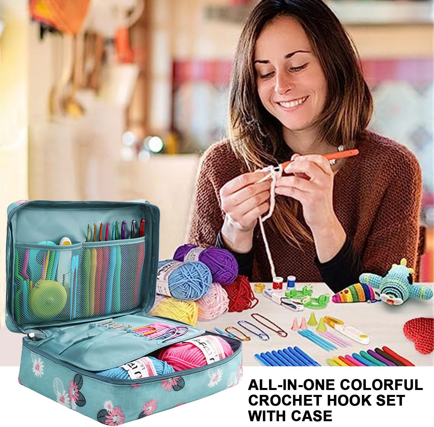 GIOD 59 Piece Crochet Set for Beginners, a Full Set of Knitting Tools, Hook Needle Storage Bag, Crochet Kits Include Yarn, Ergonomic Crochet Hooks, Lace Steel Needles, Wool Group and Bag (Blue)
