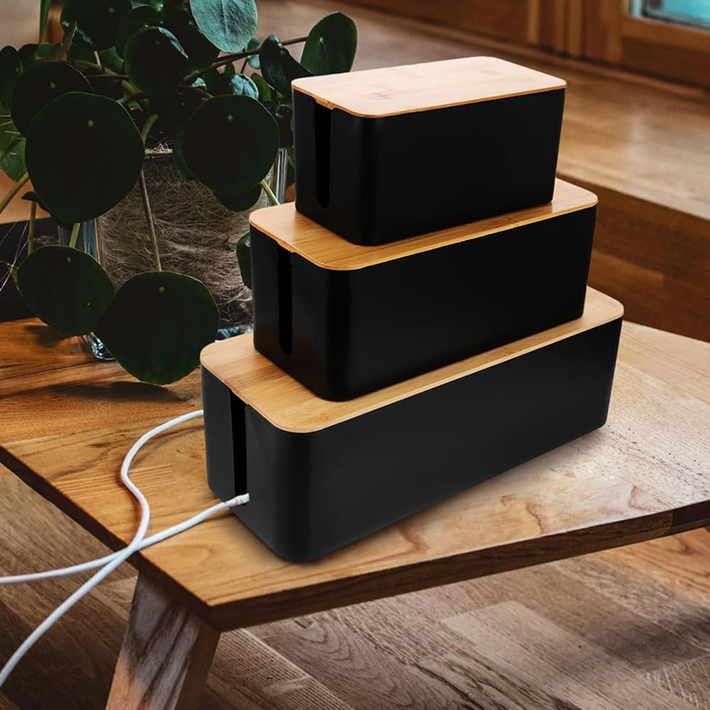 Betterlifewj 3-Pack (One Large, One Medium, One Small) Cable Organizer Boxes with Bamboo Lids, Suitable for Home and Office Use. image number 2