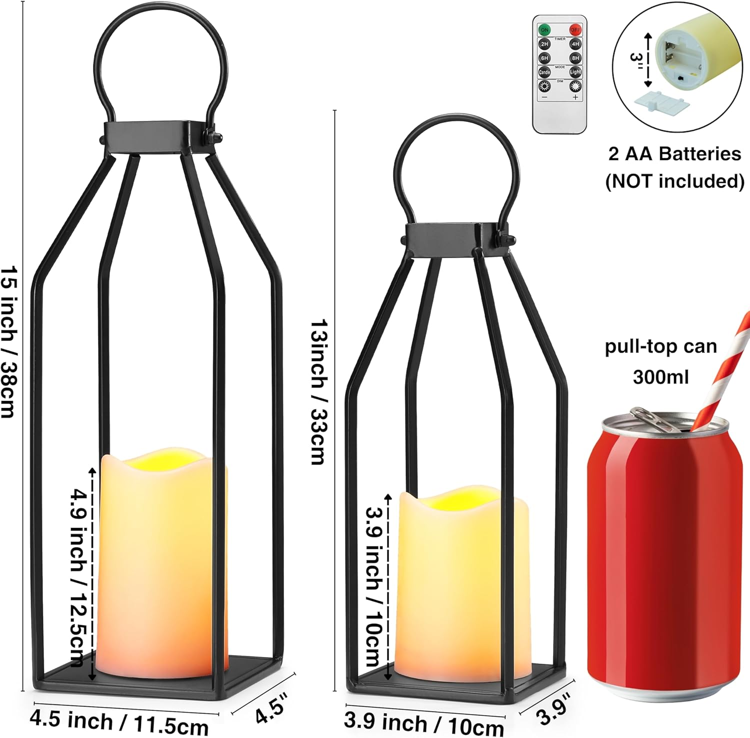 Perfnique Modern Farmhouse Lantern Decor, 39Cm X 11Cm Set of 2 Metal Lanterns, 2 LED 6Hr Timer Flickering Flameless Candles, Lanterns Decorative for Outdoor Decor, Home, Indoor, Patio (Black) image number 3