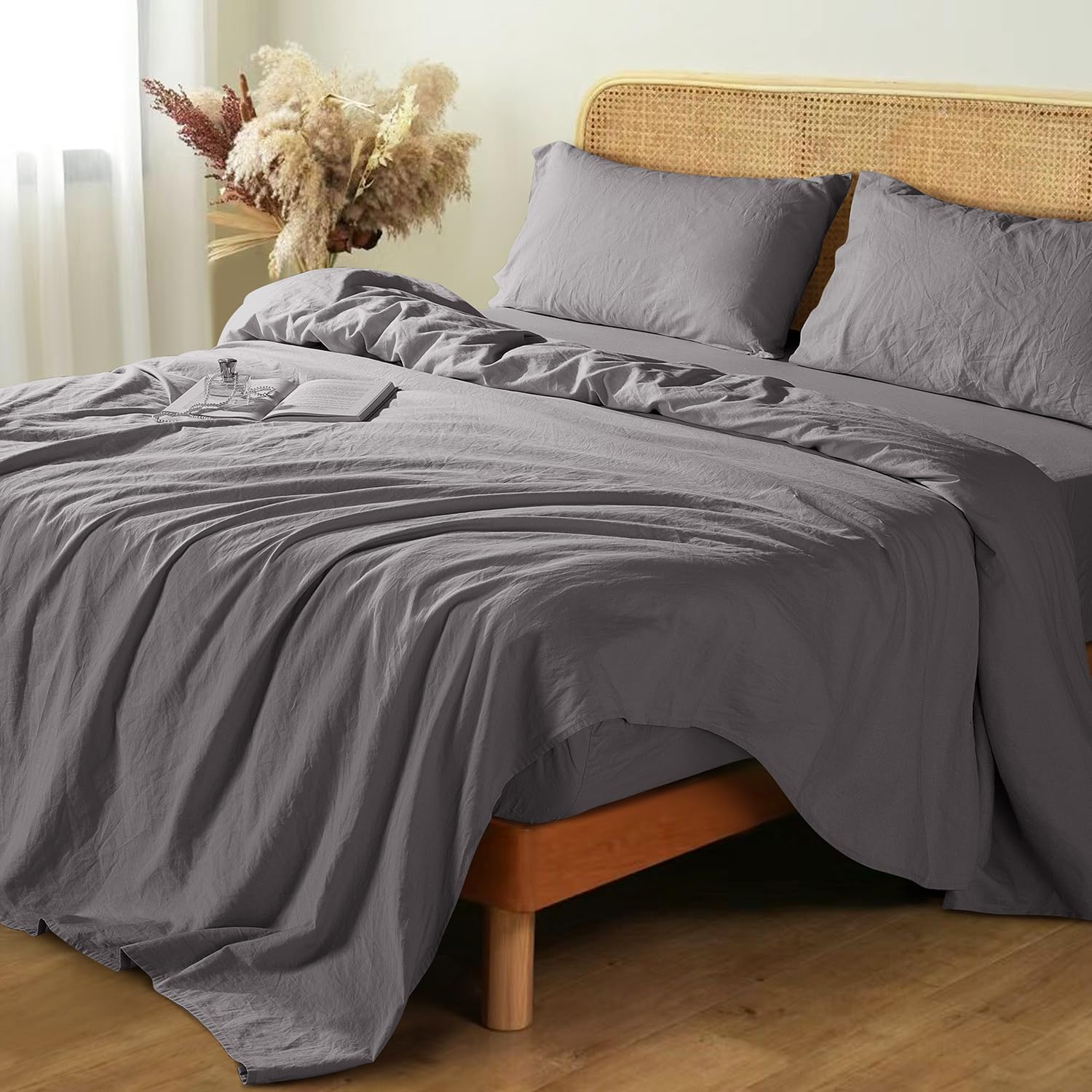 Shilucheng 100% French Linen Sheets - California King Size Bed Sheets, Breathable & Cooling Pure Linen Sheets,Soft Durable and Tear Resistant -16 Inch Deep Pocket - 4Pcs (White)