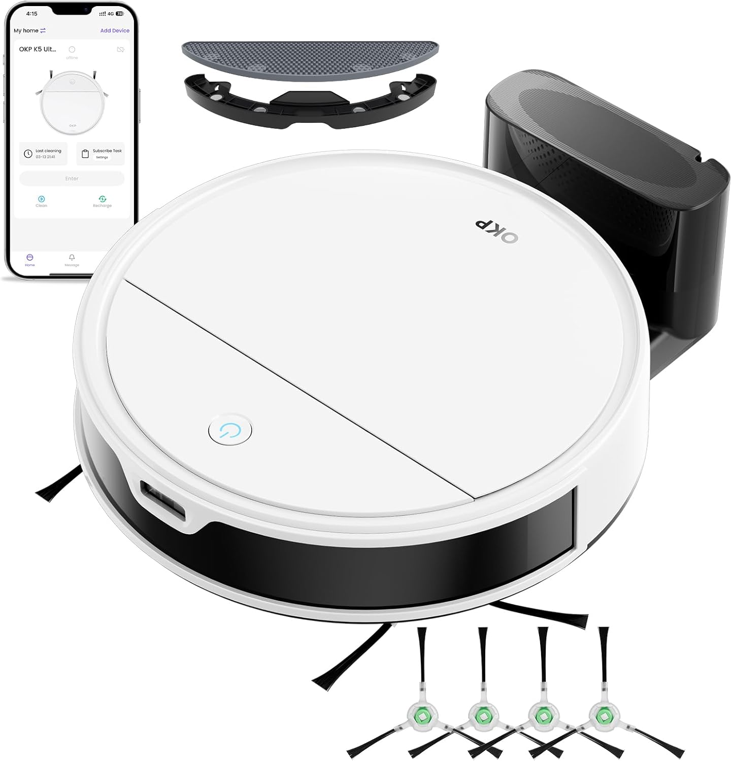 OKP K5 Robot Vacuum Cleaner with Freemove 3.0 Navigation, 2500Pa Strong Suction, Wi-Fi/Alexa App Control, 120 Mins Runtime, Auto-Charging, Ultra-Thin & Quiet, for Hard Floors Carpets Pet Hair, White