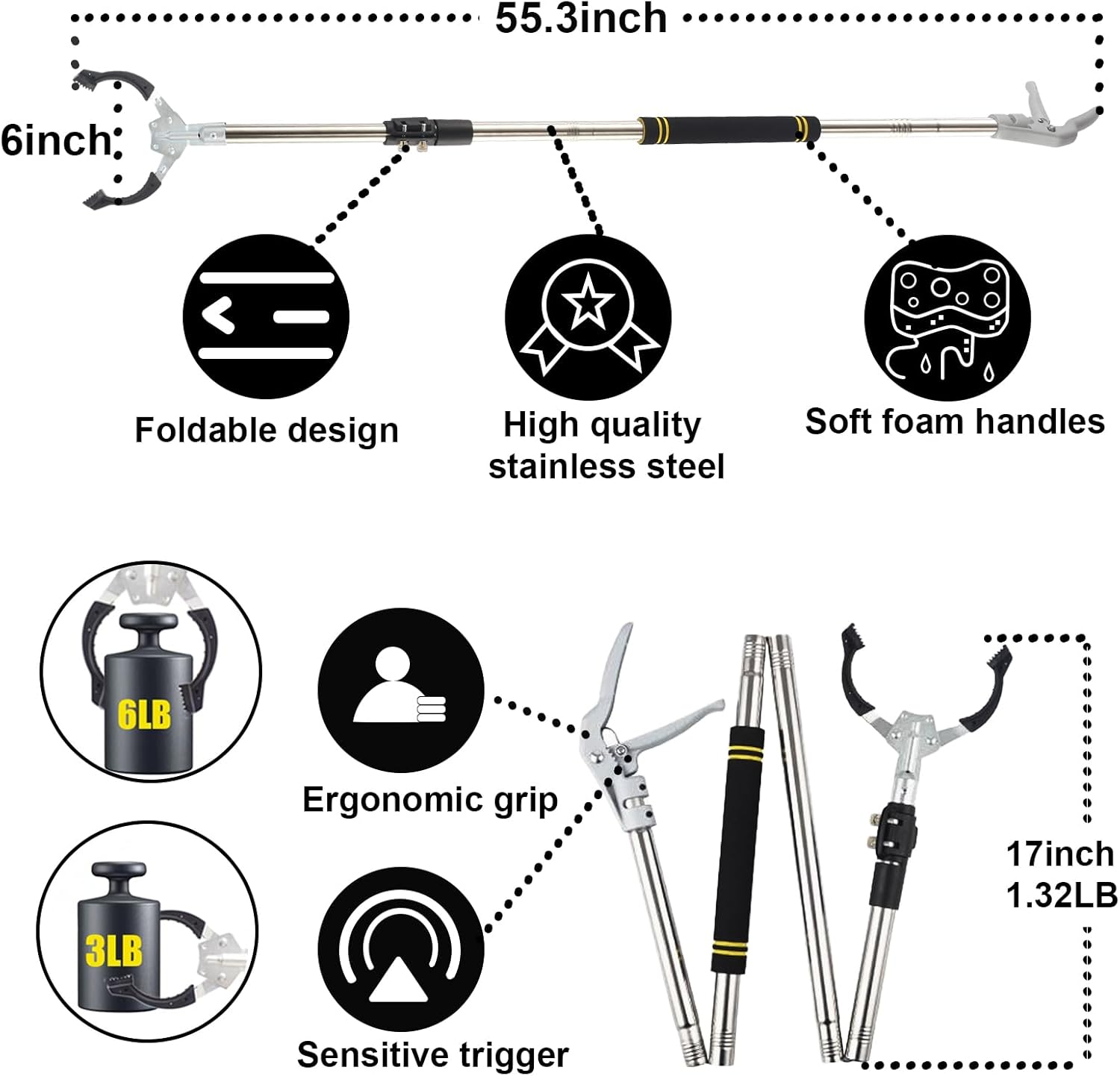 Grabber Reacher Tool Extra Long, 55" Trash Picker Upper Grabber Heavy Duty Stainless Steel Thickened Non-Slip 6 Inch Wide Jaws Claw Reaching Tool Foldable Pick up Stick Grabber. (55Inch) image number 3