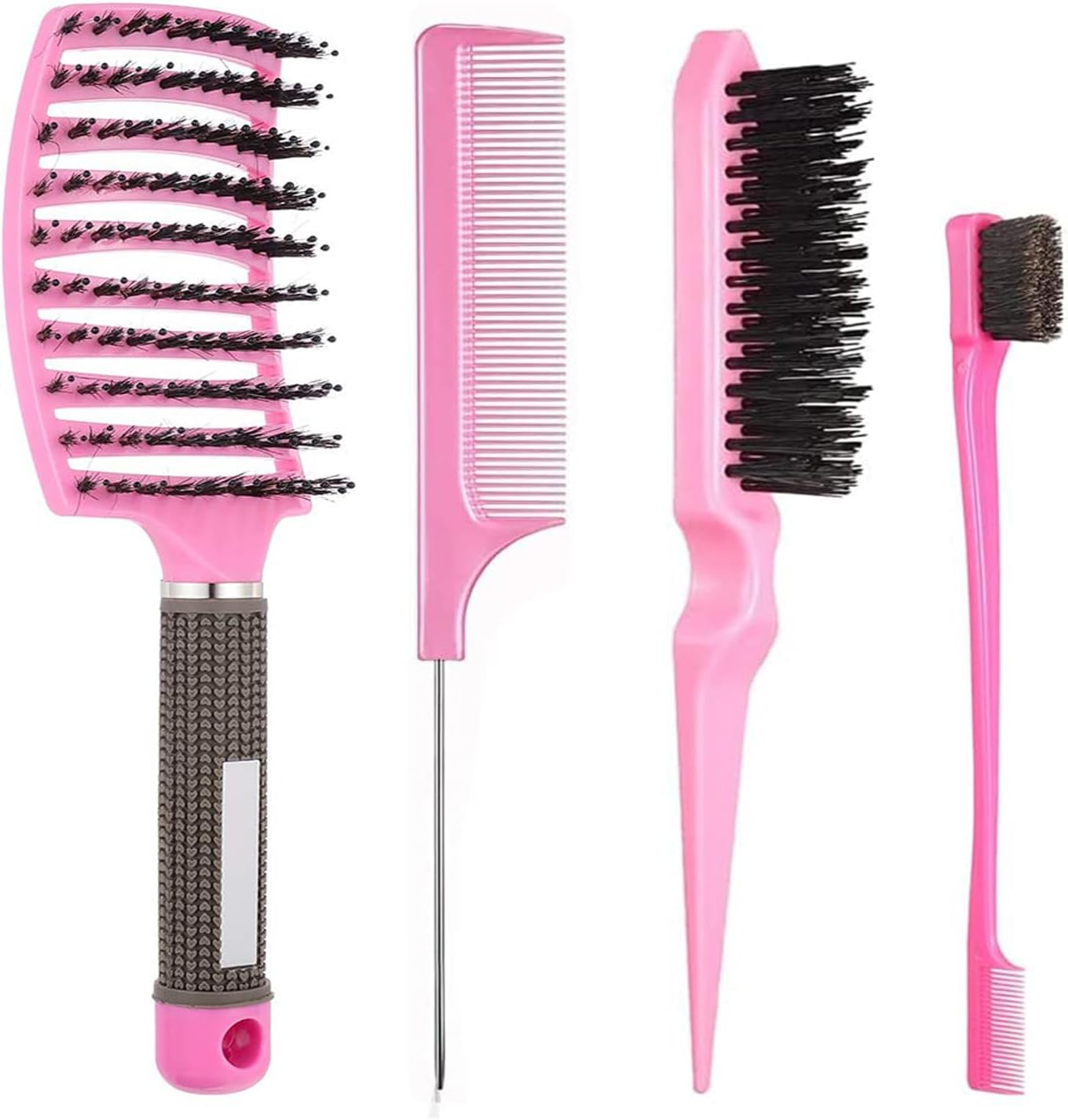 4Pcs Hair Brush, Boar Bristle Slick Back Hair Brushes for Women Men Kids Paddle Detangler Curved Vent Styling Hairbrush for Wet Dry Curly Thick Hair Smoothing Massaging Detangling PINK image number 3