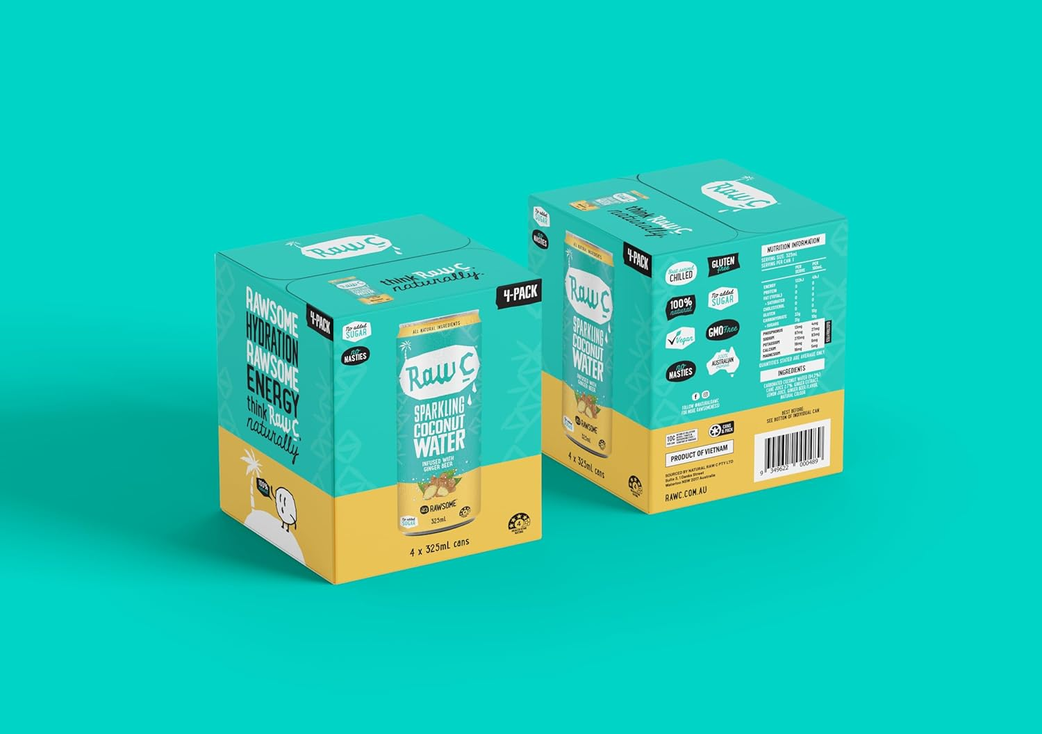 Raw C Coconut Water Sparkling Infused with Ginger Beer 325Ml (4 PACKS) image number 2