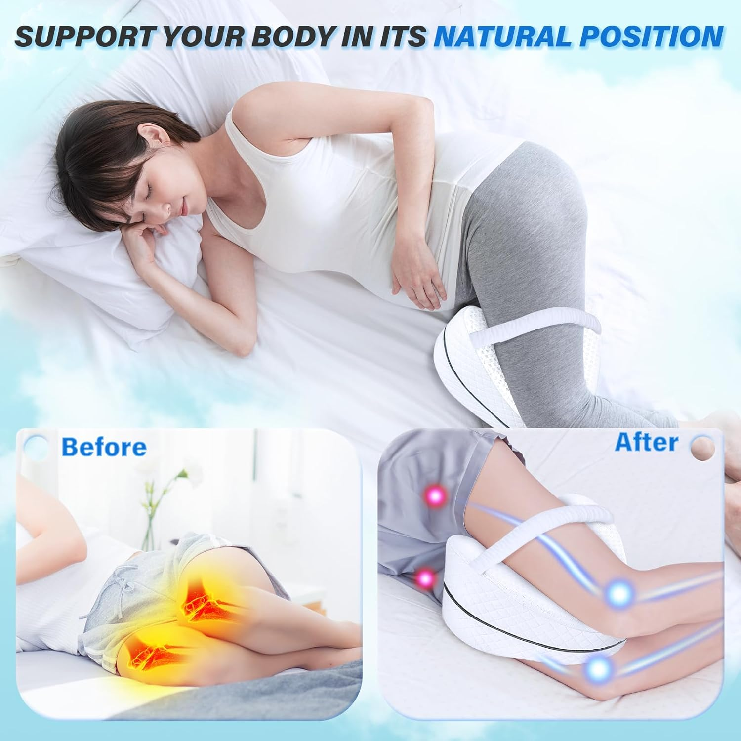 Knee Pillow, Soft Memory Foam Leg Pillows, Cool Ice Silk Hip Support Pillow for Side Sleeper, Body Pillow for Spine Alignment, Sciatica Relief, Post Injury Recovery - with Adjustable Strap (White) image number 1