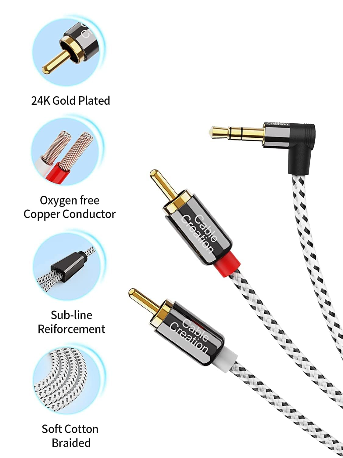 3.5Mm to RCA Cable,Cablecreation 6 Feet Angle 3.5Mm Male to 2RCA Male Auxiliary Stereo Audio Y Splitter Gold-Plated for Smartphones, MP3, Tablets, Speakers,Home Theater,Hdtv,2M image number 2
