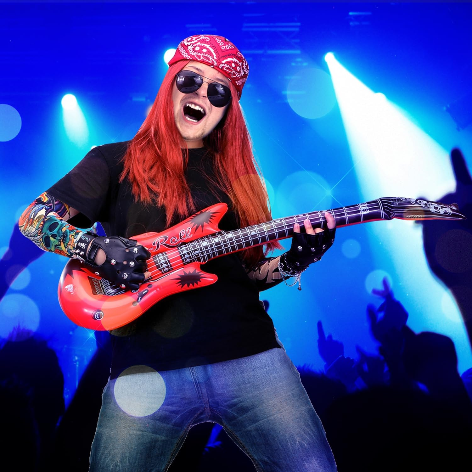 AUTOWT 1970S Rockstar Hippie Costume Accessories - 60S 70S 80S Metal Rock Band Punk Costume Set with Wig, Bandana, Sunglasses,Tattoo Sleeves, Gloves, Wrist Chains, Guitar, Men Women Woodstock Outfits image number 3