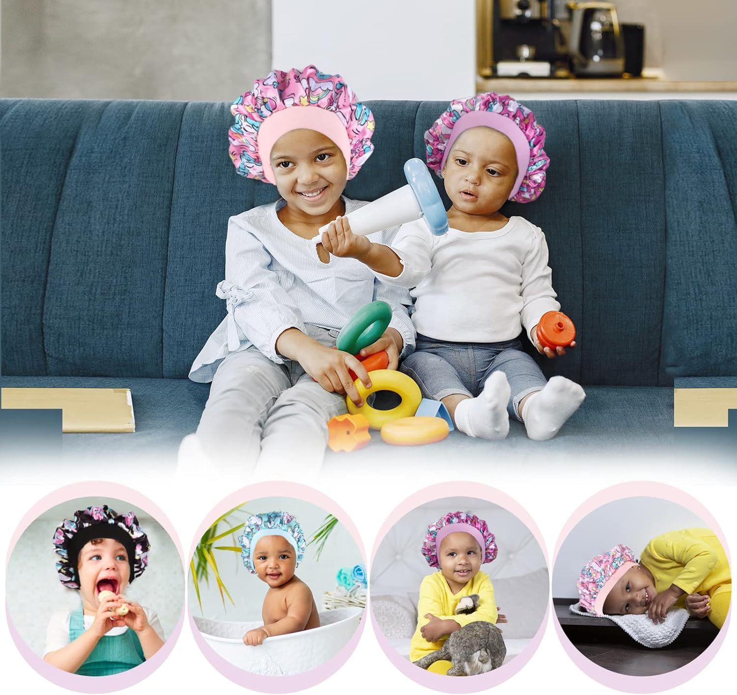 4 Pcs Silk Bonnet for Sleeping Kids Bonnets for Girls Baby Satin Sleep Cap Hair Wraps for Curly Natural Hair Elastic Wide Band