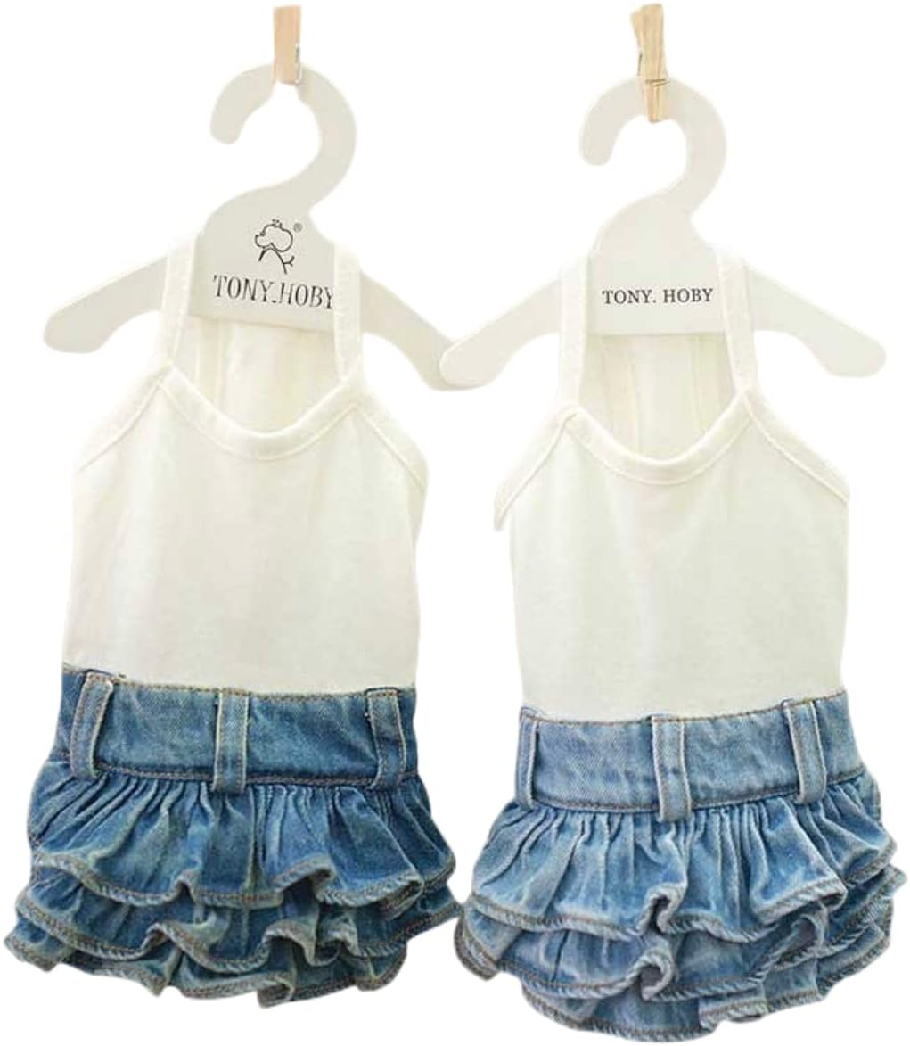 Taniwina Pet Costume Cotton Bottoming Denim Cake Skirt Pet Clothes for Small Dogs (M,Dark Blue White Base) image number 3