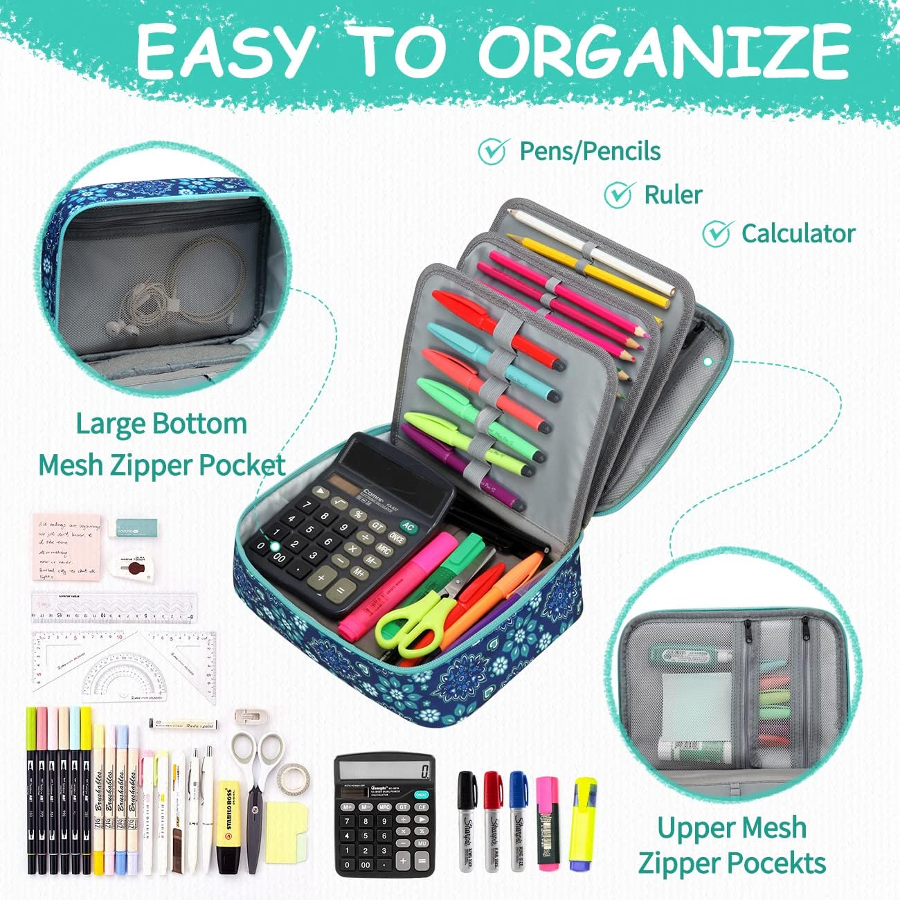 Large Pencil Case,Vaschy Art Supply Marker Organizer Big Pen Pouch with 3 Detachable Layers Slots Multiple Zipper Pockets for Kids Adults School Office Blue Snowflake - Black image number 2