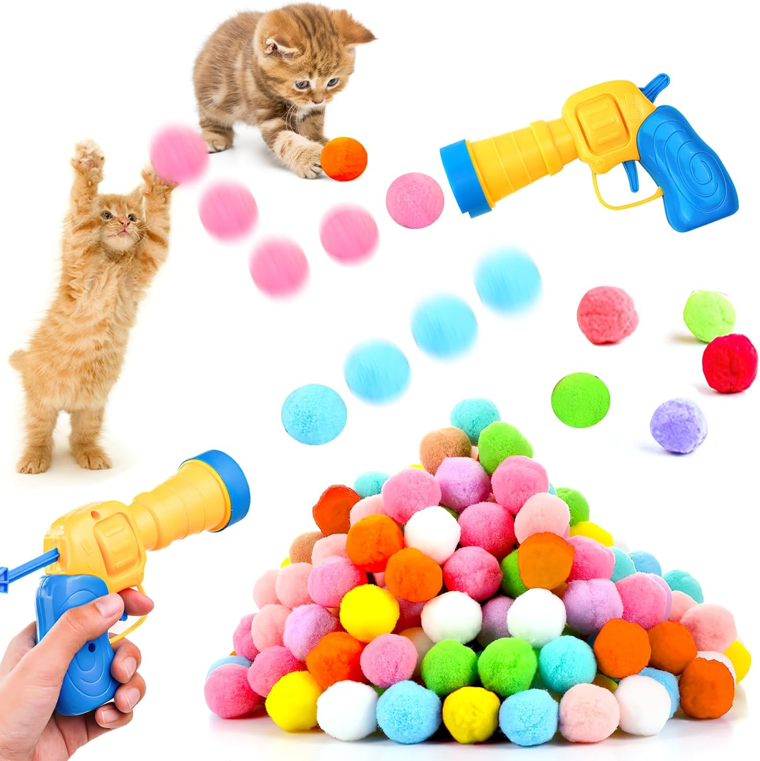 DAWRIS Pack of 2 Cat Toy Ball Gun with 100 Pieces Cat Felt Balls Soft Cat Balls Kitten Pom Poms Ball Interactive Cat Toy Interactive Toy for Cats Training Cats Ball image number 6