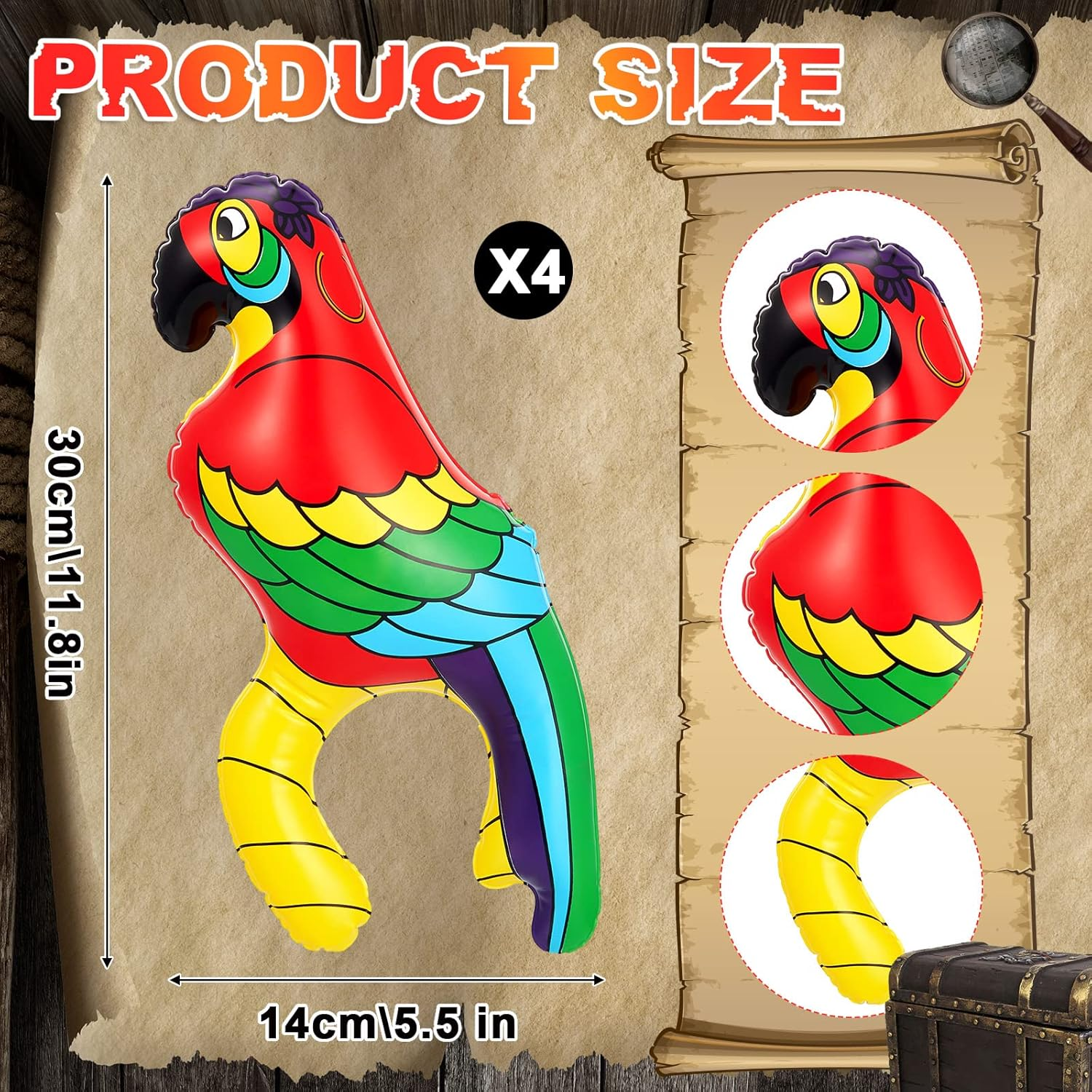 Wettarn 4 Pieces Inflatable Pirate Parrot Shoulder Prop 11 Inches Tall Pet Scarlet Macaw, Pirate Party Decorations for Tropical Party Gift Decoration Pirate Costume Accessory image number 4