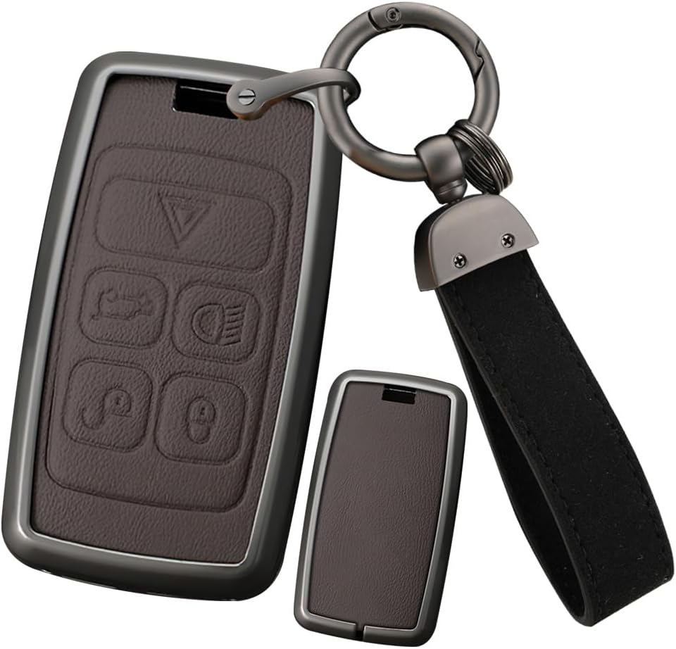 Ontto Alloy Leather Remote Key Fob Cover Fit for Defender Discovery Sport Fit for NEW Range Rover Evoque Sport Velar Smart Key Shell Case Keyring Key Holder Bag Keychian Accessories