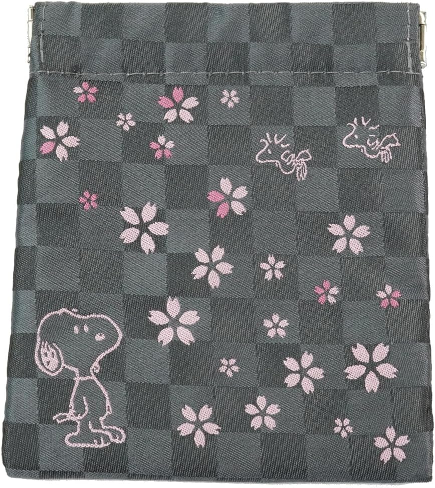 Peanuts PNDW1485 Cosmetic Case, Peanuts Spring Pouch, Snoopy, Cherry Blossom and Checkered Pattern, Gray image number 3