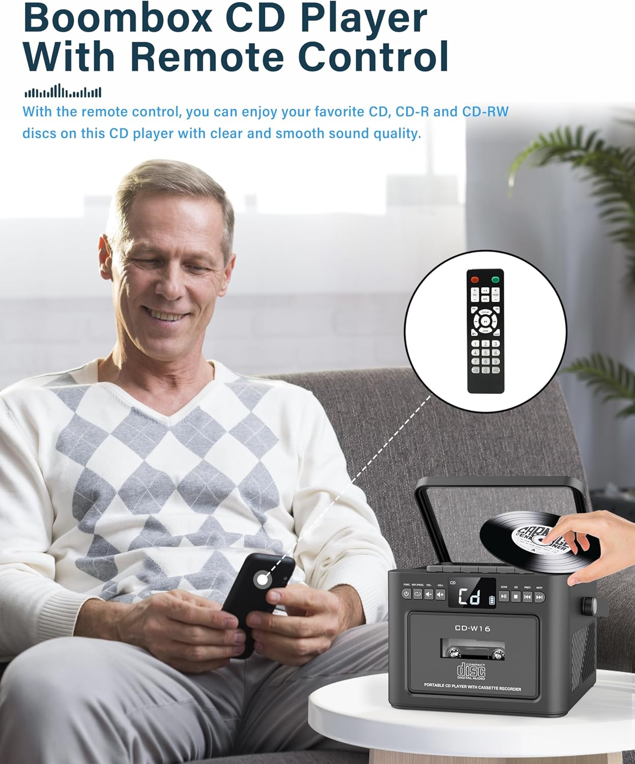 Boombox Cassette CD Player Bluetooth5.1 with 5000Mah Battery,5W Dual Stereo Speakers,Rechargeable CD Player with FM Radio,Remote Control,Tape Recording,3.5Mm Earphone Jack,Aux/Micro SD/USB for Home image number 1