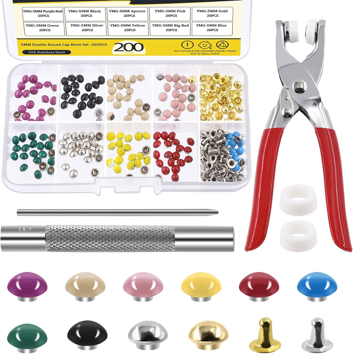 Mardatt 200 Sets 5Mm Double round Cap Leather Rivets with Fixing Tools, 10 Colors Caps Leather Rivets Metal Studs Leather Rivet Dome Rivets for Leather Craft DIY Decoration