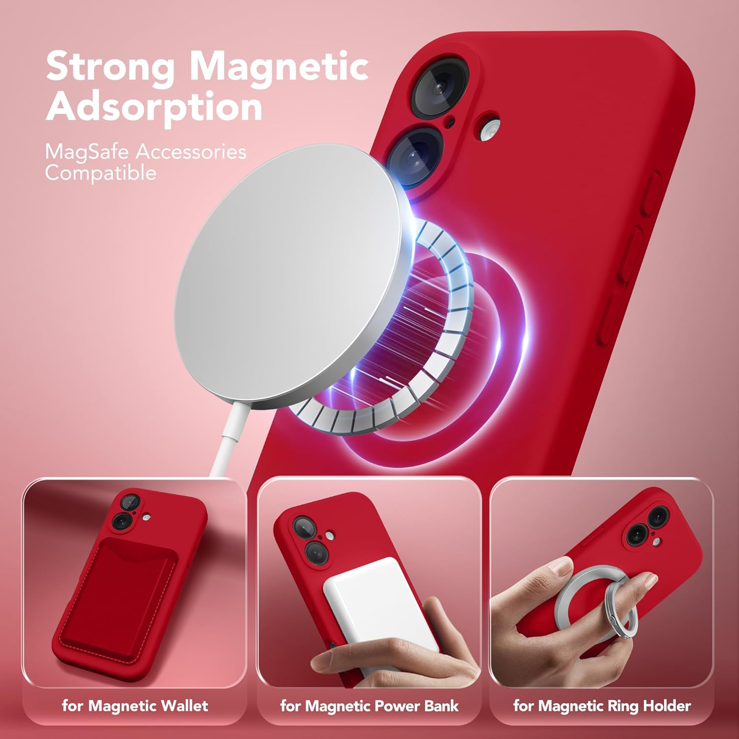 Suydanbox Magnetic for Iphone 16 plus Case, Compatible with Magsafe, [Full Camera Protection][Screen Protector] Silicone Shockproof Protective Phone Case for Iphone 16 plus 6.7", Red