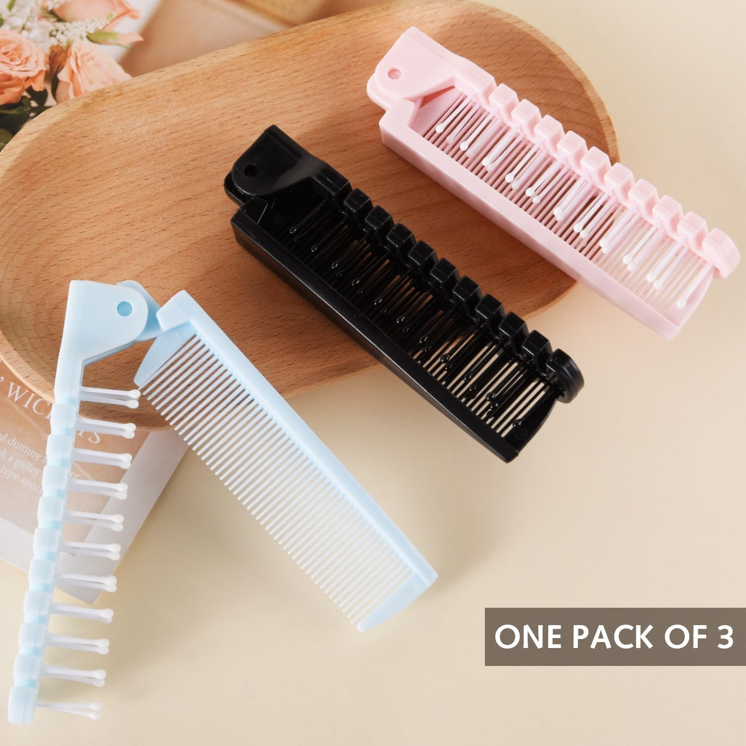 Pack of 3 Foldable Hair Brush and Comb, Plastic Portable Travel Hair Brush Bag, Hair Comb, Double Head Massage Hair Comb for Thick Thin Hair (Black, Blue, Pink) image number 6