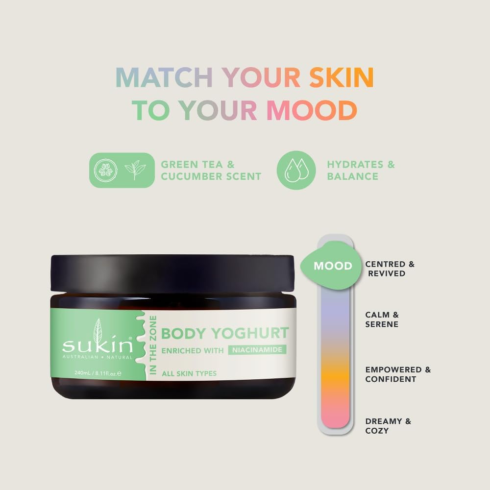 Sukin Moody Body Yoghurt 240Ml Green Tea & Cucumber, Natural Hydrating Lotion with Niacinamide, Australian Made & Owned, Vegan, Cruelty-Free image number 1