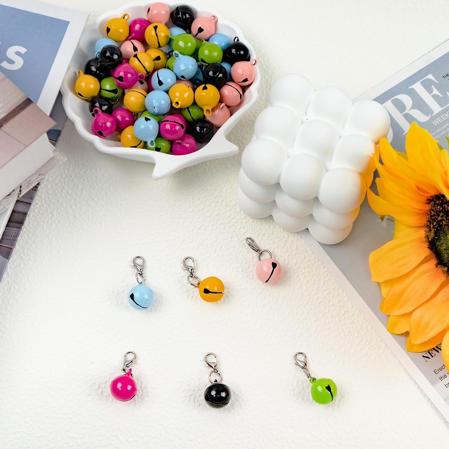 GTILE 60 Pcs of Cat Bell for Collars, Small Jingle Bells for Dog Collars, Cat Bells for Collar Loud, Candy Colors Pet Bell with Clasp for Dog Collar Charms and Holiday Party Decoration