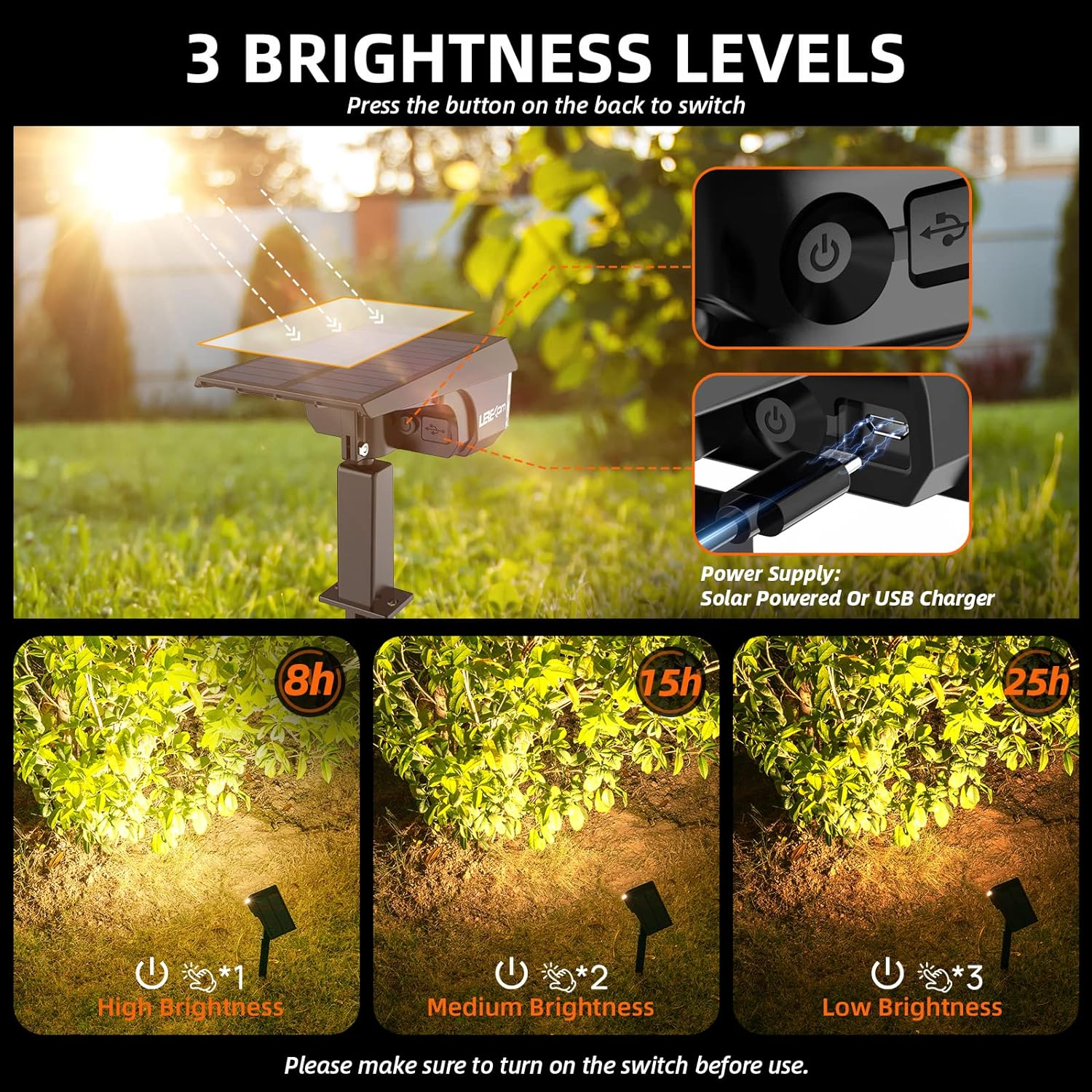 3 Brightness Modes Solar Outdoor Lights with Super Bright 40Leds, 360 Adjustable Lighting Angle, USB Charging, Longer Working Time, Waterproof, Patio, Porch, Driveway image number 7