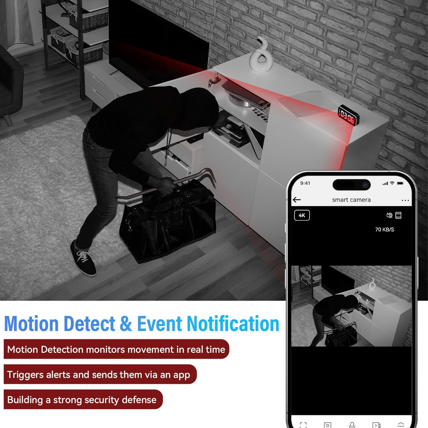 Tccbac 4K HD Hi/Dden S/Py Camera Clock - Wifi Wireless Indoor Security Camera with 150&deg; Wide Angle Lens, Night Vision, Motion Detection, N/Anny Cam for Home/Office Surveillance image number 6