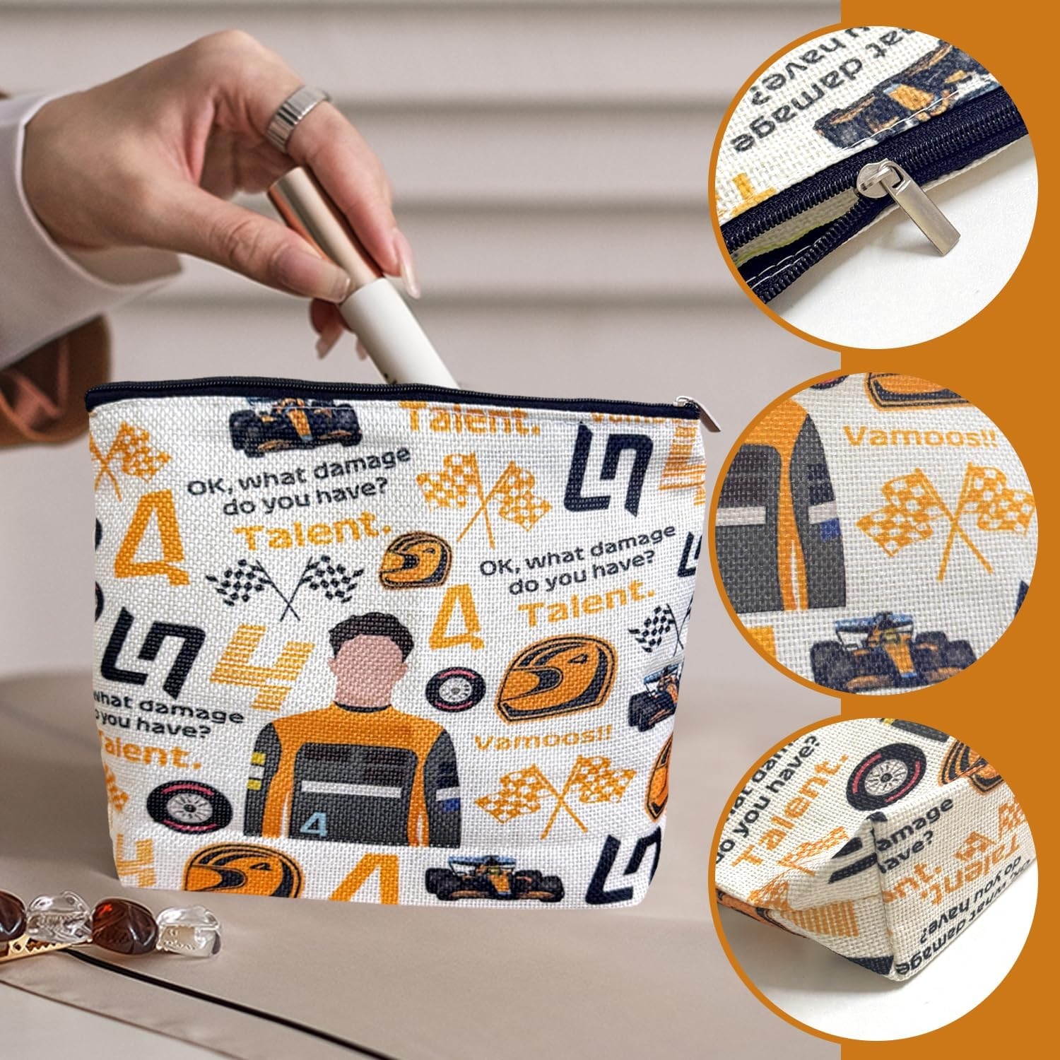1 Orange Racing Cosmetic Bag, 1 Silver Racing Pendant Cosmetic Storage Bag, Outdoor Travel Toiletry Bag, Mini Keychain Pendant image number 3