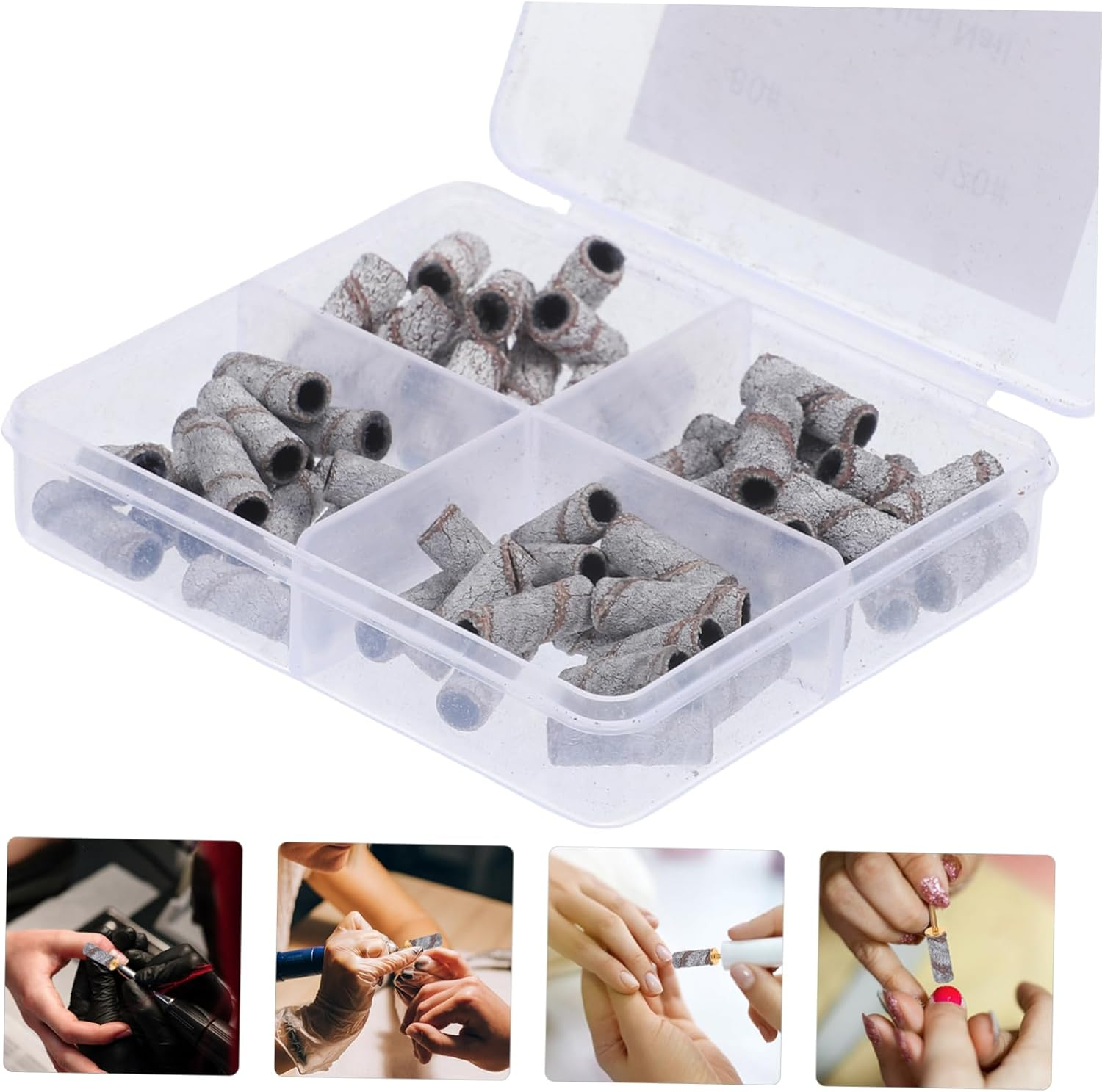 60Pcs Nail Drill Sanding Bands Assortment Mini 3.1Mm Fine Grits 80# 120# 180# 240# for Manicure and Pedicure Nail Art Filing 4-Compartment Storage Box image number 4