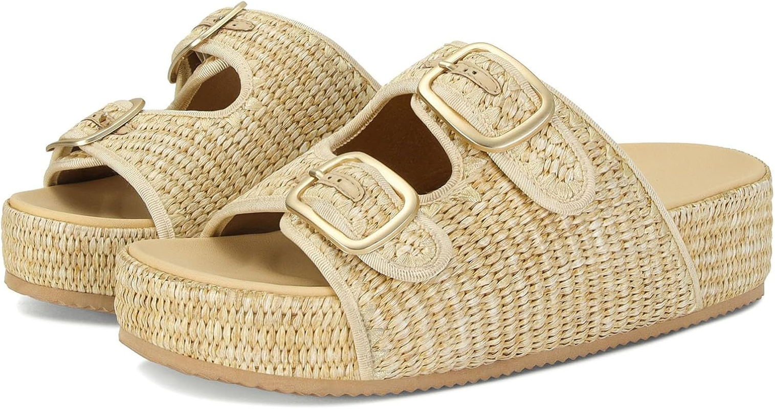MICIFA Raffia Platform Sandals for Women Crochet Wedges Cute Comfortable Woven Flats Sandals with Buckle Open Toe Casual Straw Sandals Shoes