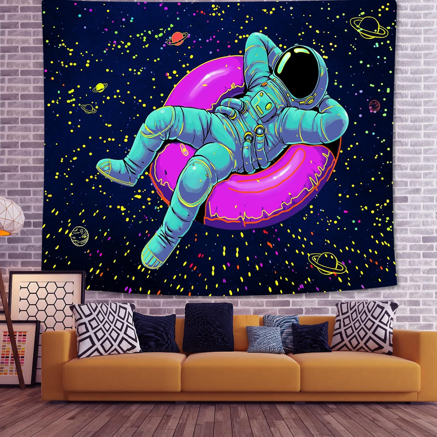 Blacklight Space Astronaut Tapestry for Men Guys Bedroom Black Light Cool Stars Galaxy Tapestries Glow in the Dark Spaceman and Poster Wall Hanging Bedroom Accessories Men 52"X60" image number 4