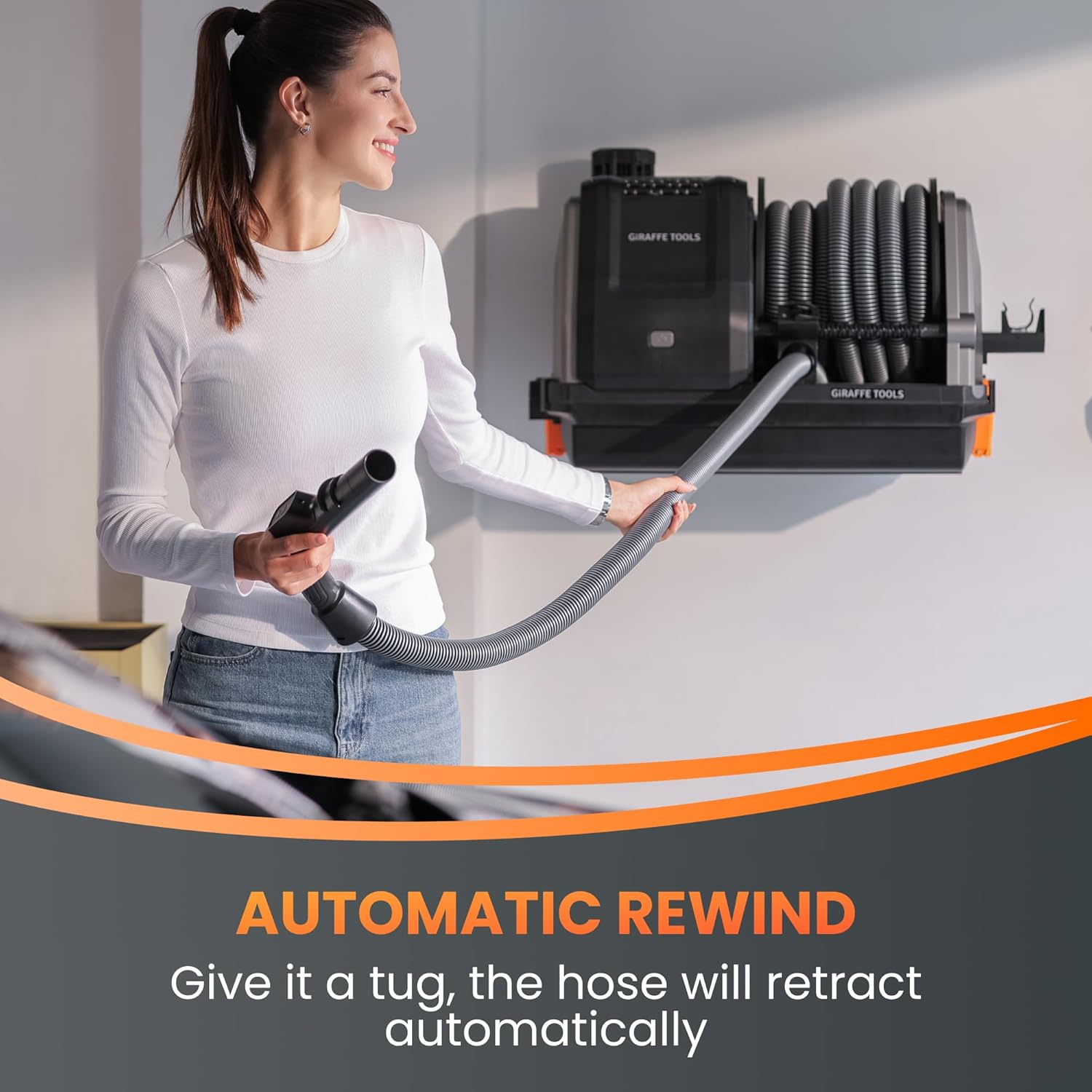 Giraffe Tools Grandstorm Vacuum Cleaner with 10M Retractable Hoses, Wall Mounted, Wet Dry Vacuum Cleaner with 6 Nozzles for Car Detailing Normal Version, Grey, No Remote Control image number 3