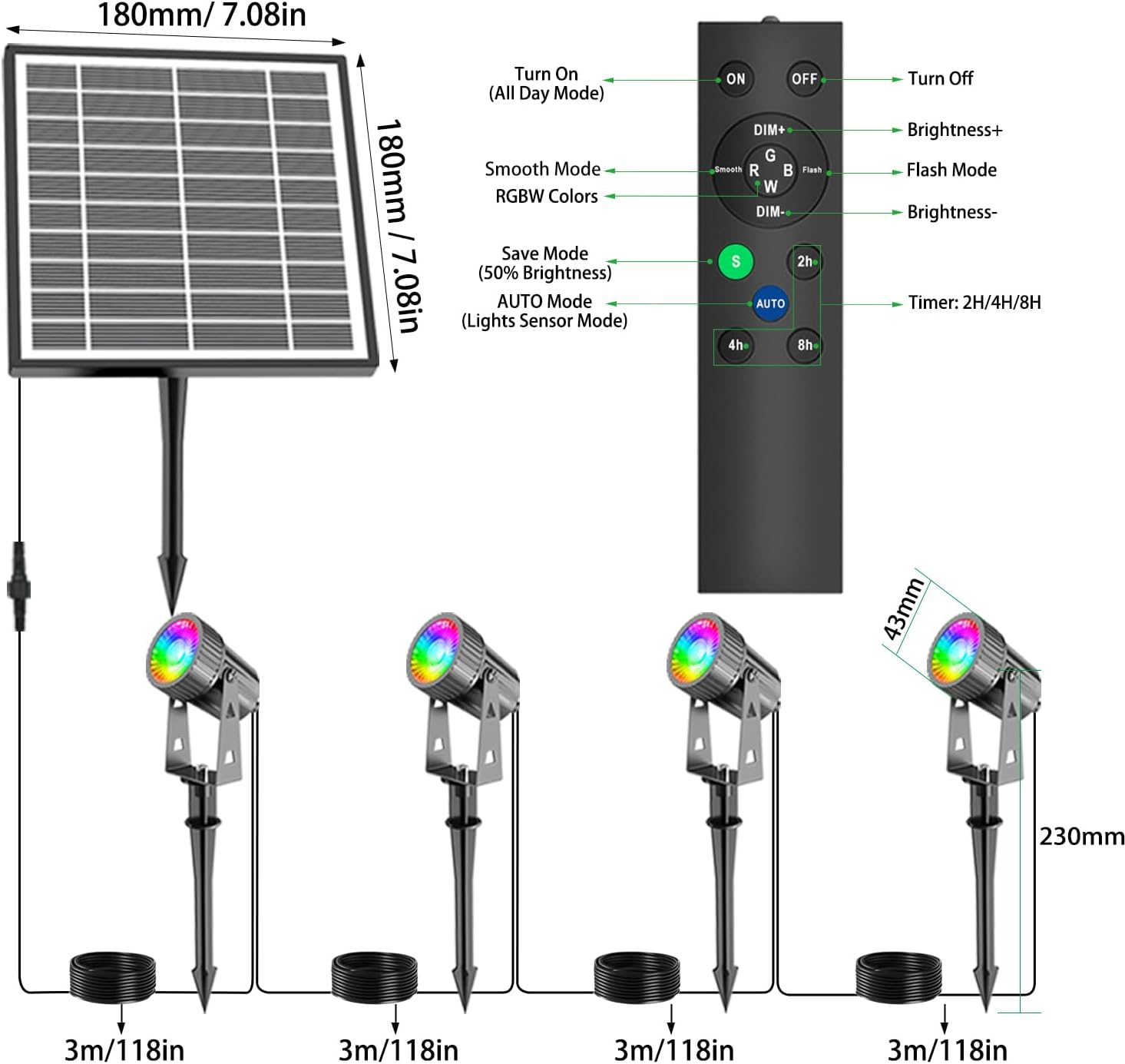 Solar Spot Lights, 4 in 1 Solar Garden Spotlights Outdoor Waterproof Color Changing Daytime Working with USB Charging, Remote for Pathway Landscape Tree Lawn Yard Pool image number 5