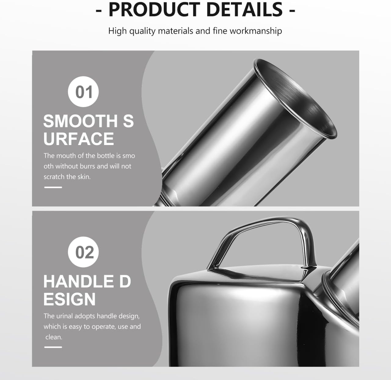 Healvian Stainless Steel Male Urinal Pot with Handle Portable Urinal Bottle Smooth Mouth for Home Hospital Use 10In X 6.5In X 5In image number 2