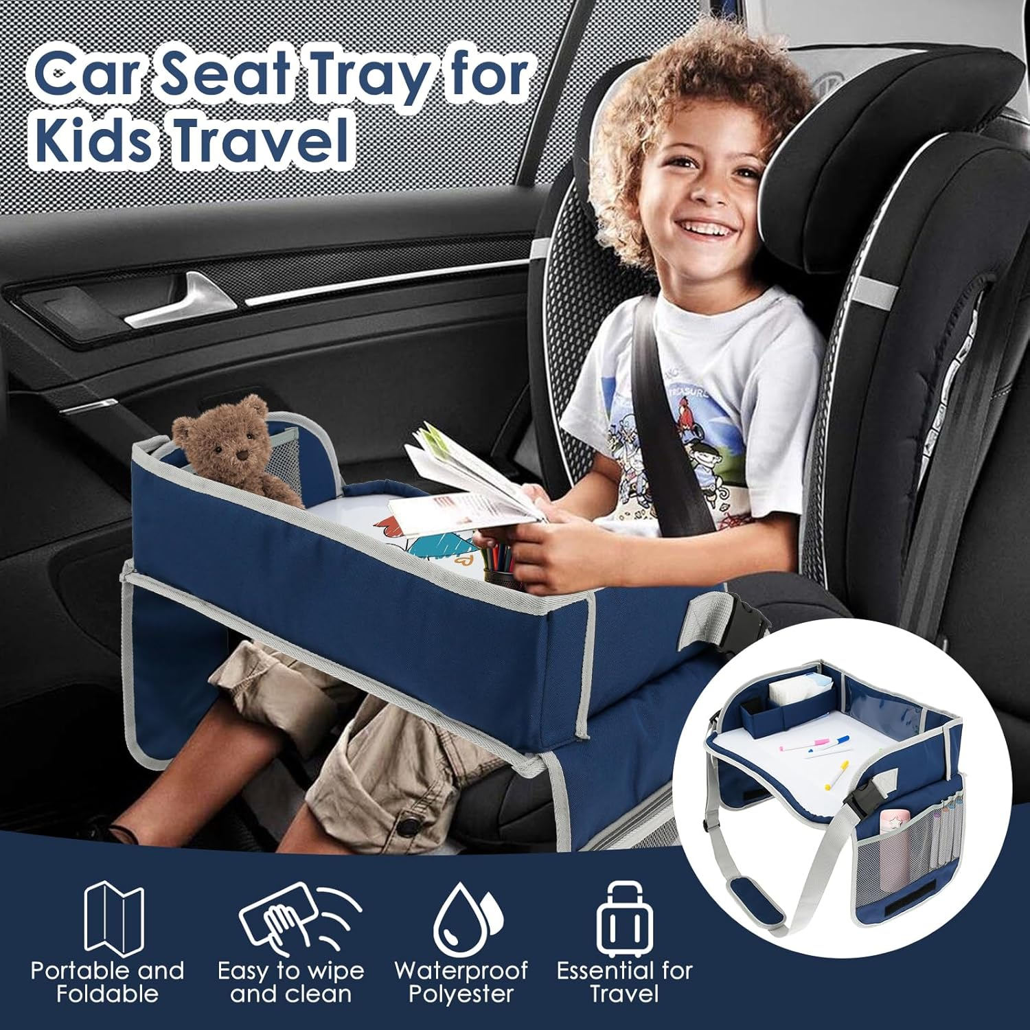 Car Seat Tray Travel Lap Desk Accessory with Adjustable Strap Portable Easy to Clean Car Seat Tray Large Multifunction Backseat Tray Table Holder for Your Child'S Rides and Flights (Navy Blue) - Navy Blue image number 5
