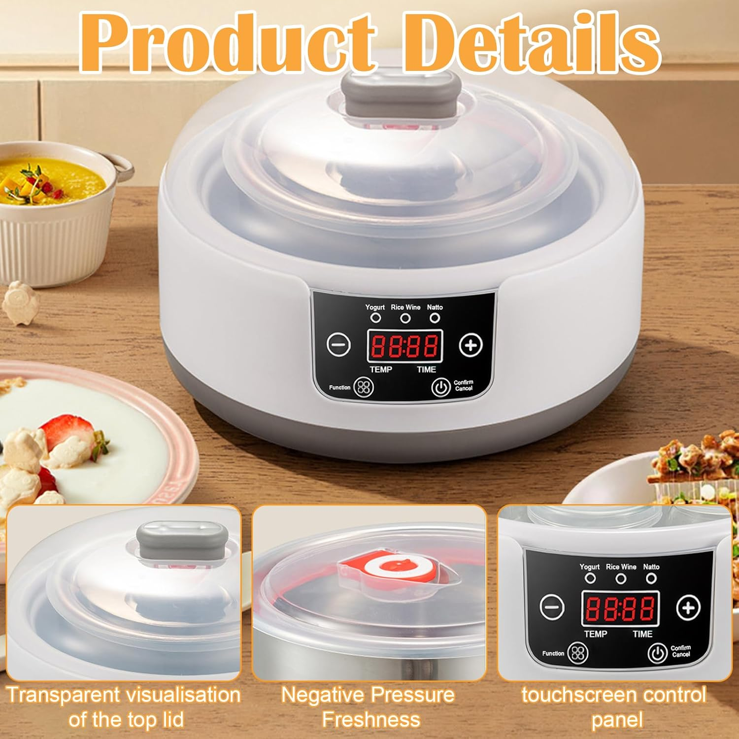 Peiqi Yoghurt Maker, Fully Automatic Yogurt Machine with Temp/Time Control, Fermented Curd Maker with Natto/Rice Wine Function (5 Glass Jars) image number 2