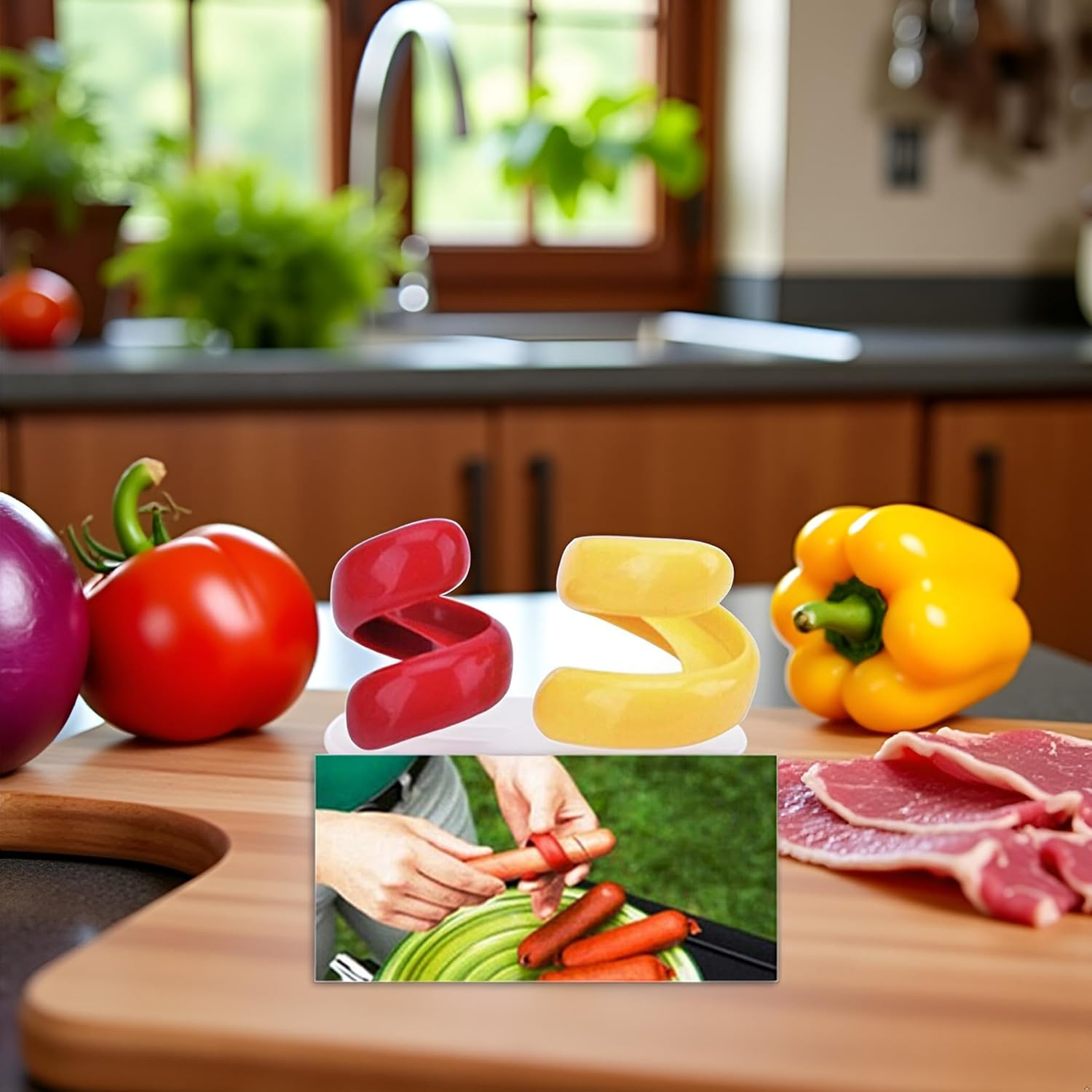 Red and Yellow Manual Fancy Sausage Cutter Barbecue Hot Dogs Gadget Cutting Kitchen Vegetable Cutter Tools Auxiliary Slicer Fruit Practical and Deft Utensils and Gadgets Kitchen and Dining image number 4