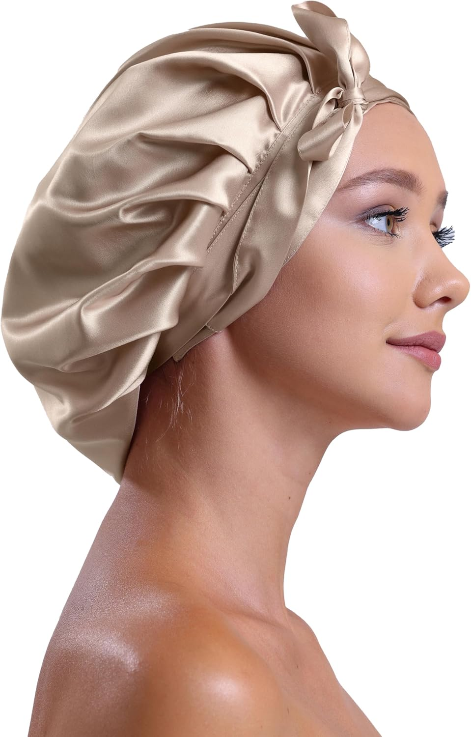 100% Pure 22 Momme Mulberry Silk Sleep Bonnet for Women Hair with Adjustable Ribbons, Oeko-Tex Certified,1 Layer, Caramel, One Size image number 4