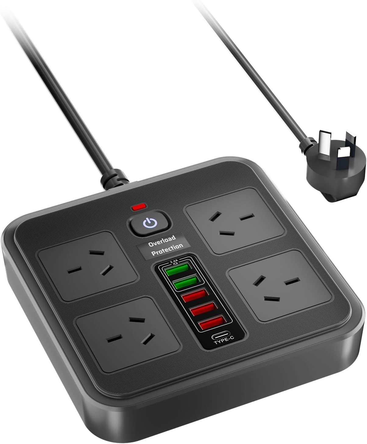 Lvpradior 10-In-1 Power Board with 4 AC Outlets & 6 USB Ports (5 USB-A + 1 USB-C) &ndash; 2500W Surge Protector, 1.8M Extension Cord, Wall Mountable for Home Office, Kitchen & Gaming(Black)