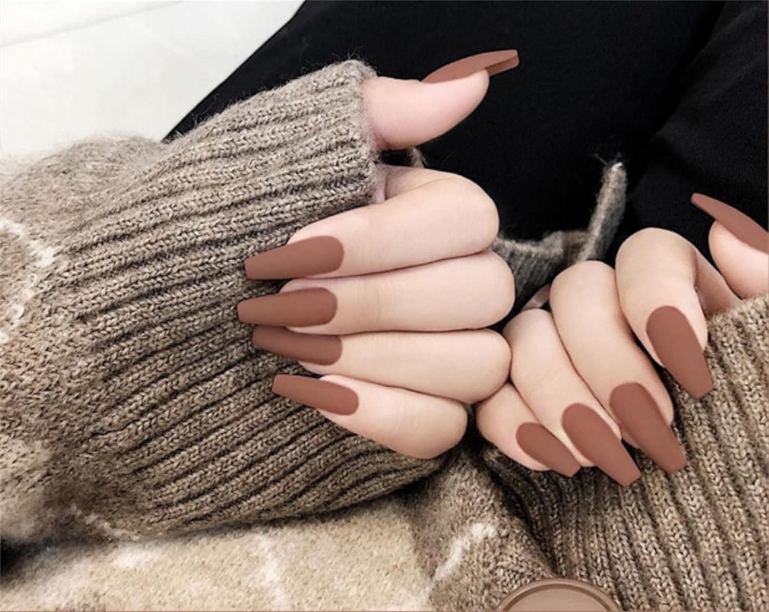 Matte Dark Chestnut Long Coffin Press on Nails| Full Set of 24 Nails | Reusable Nails | Fake Nails | Nail Art | Brown Nails | Stickers Tabs image number 3