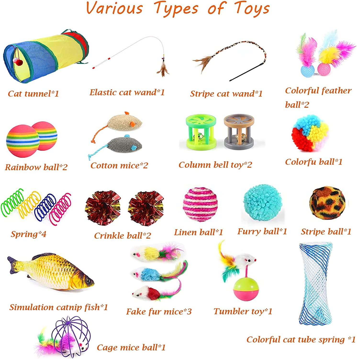 28 PCS Cat Toys,Set of Cat Toys for Indoor Cats,Variety Catnip Toys with Collapsible Rainbow Tunnel Interactive Feather Teaser Fluffy Mouse Crinkle Balls Spring and Bells Toy Set for Kitty and Cats