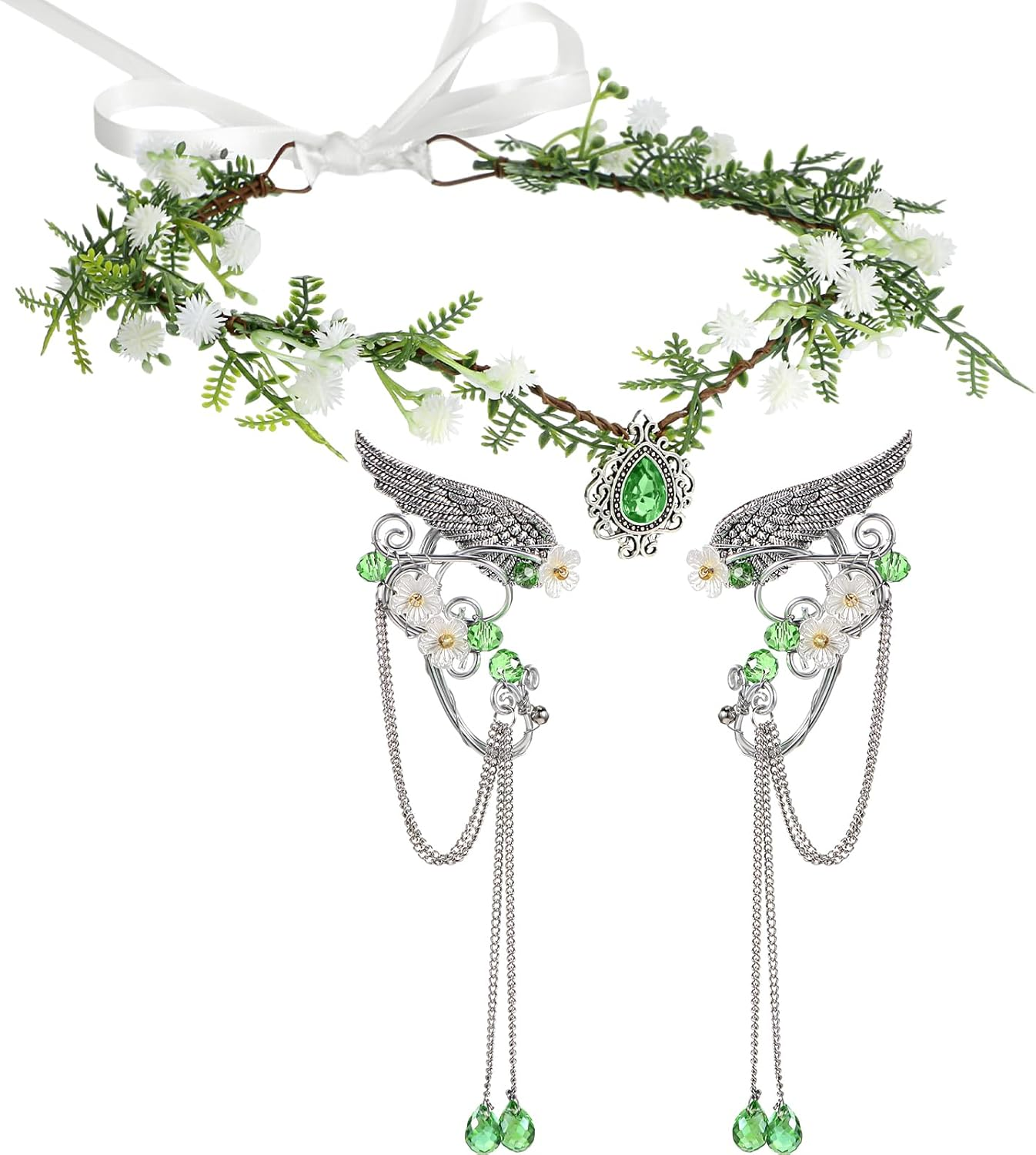 Zeyune Halloween Elves Cosplay Set Fairy Flower Crown Headpiece Elf Ears Cuffs Renaissance Costume Leaf Elves Wings Ear Cuff